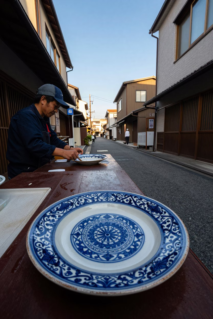 Late Afternoon Sapporo Street Scene with Vintage Majolica Plate and Honey Dipper in in Sapporo, Japan