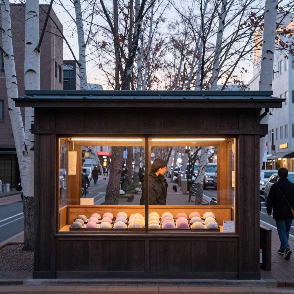 Late Afternoon Sapporo Street Scene with White Birch Trees and Traditional Mochi Shop Display in in Sapporo, Japan