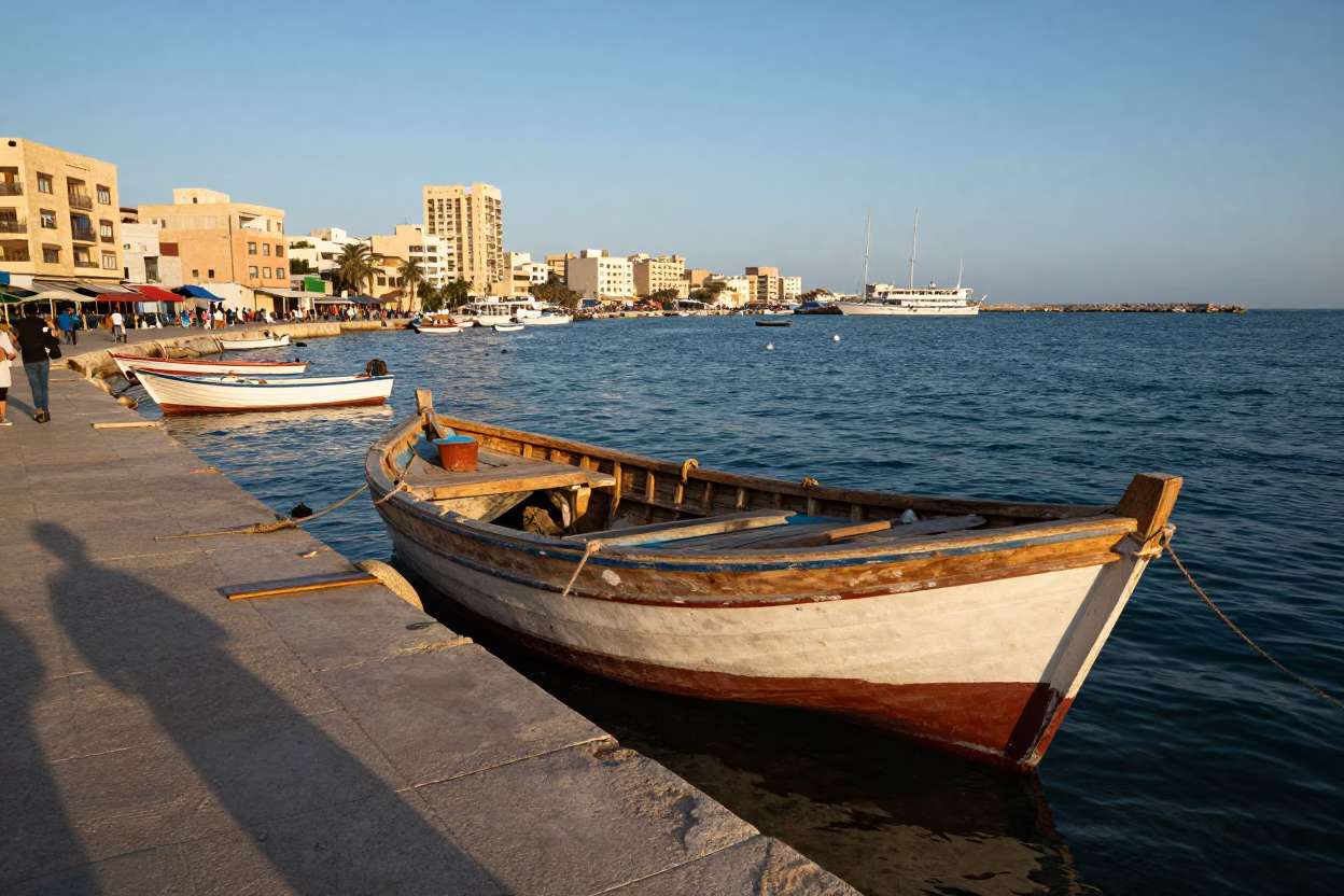 Late Afternoon Sea Port Scene with Wooden Boat and Drinking Vessel in Alexandria Egypt in in Alexandria, Egypt