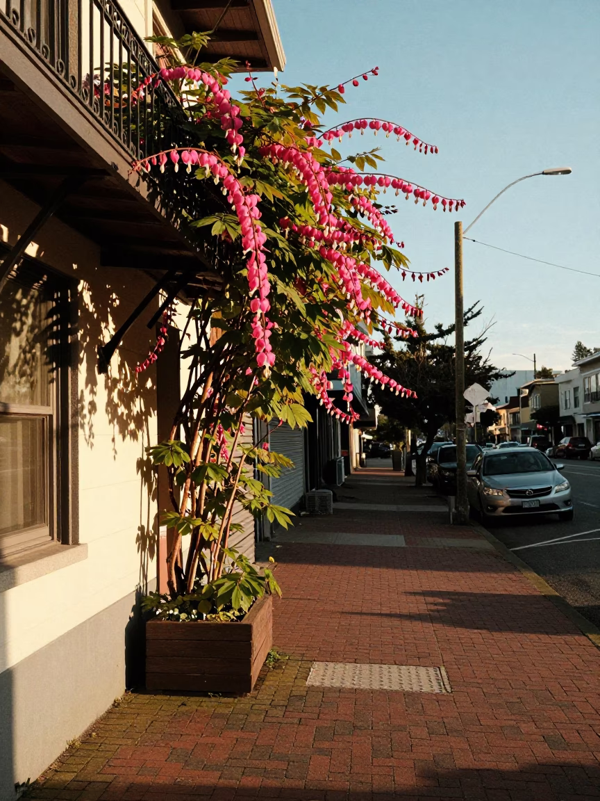 Late Afternoon Seattle Street Scene with Bleeding Heart Vine and Urban Life in in Seattle, Washington, United States