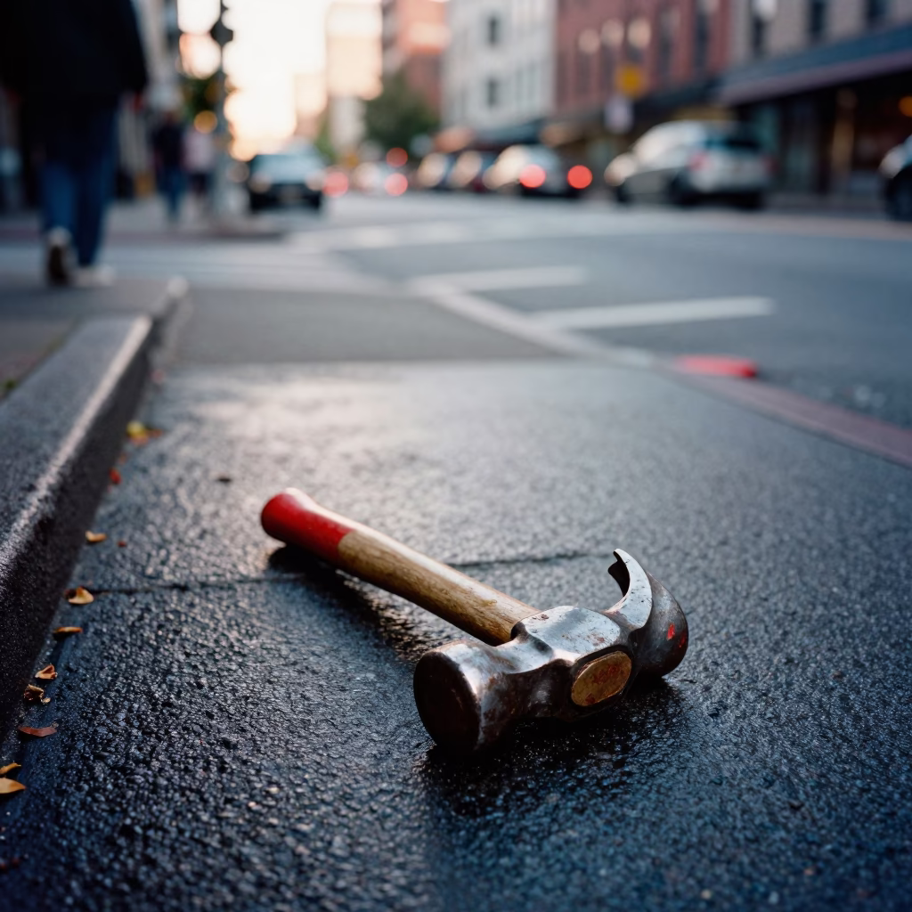 Late Afternoon Seattle Street Scene with Claw Hammer and Urban Construction Details in in Seattle, Washington, United States