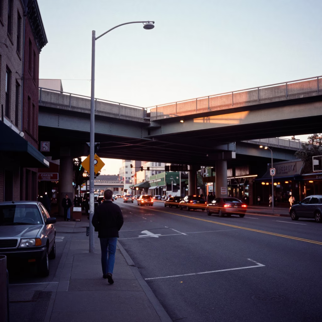 Late Afternoon Seattle Street Scene with Overpass Interchange and Wet Footsteps on Pedestrian Bridge in in Seattle, Washington, United States