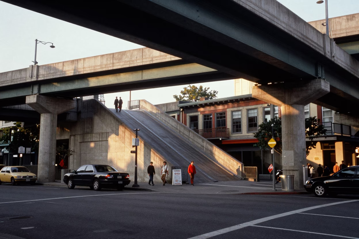 Late Afternoon Seattle Street Scene with Overpass Interchange Ramp Slicing Across Violet Evening Sky in in Seattle, Washington, United States