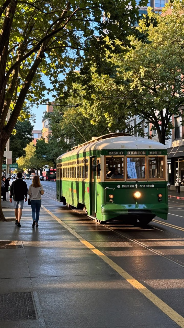 Late Afternoon Seattle Street Scene with Vintage Trolley and Pedestrians in in Seattle, Washington, United States