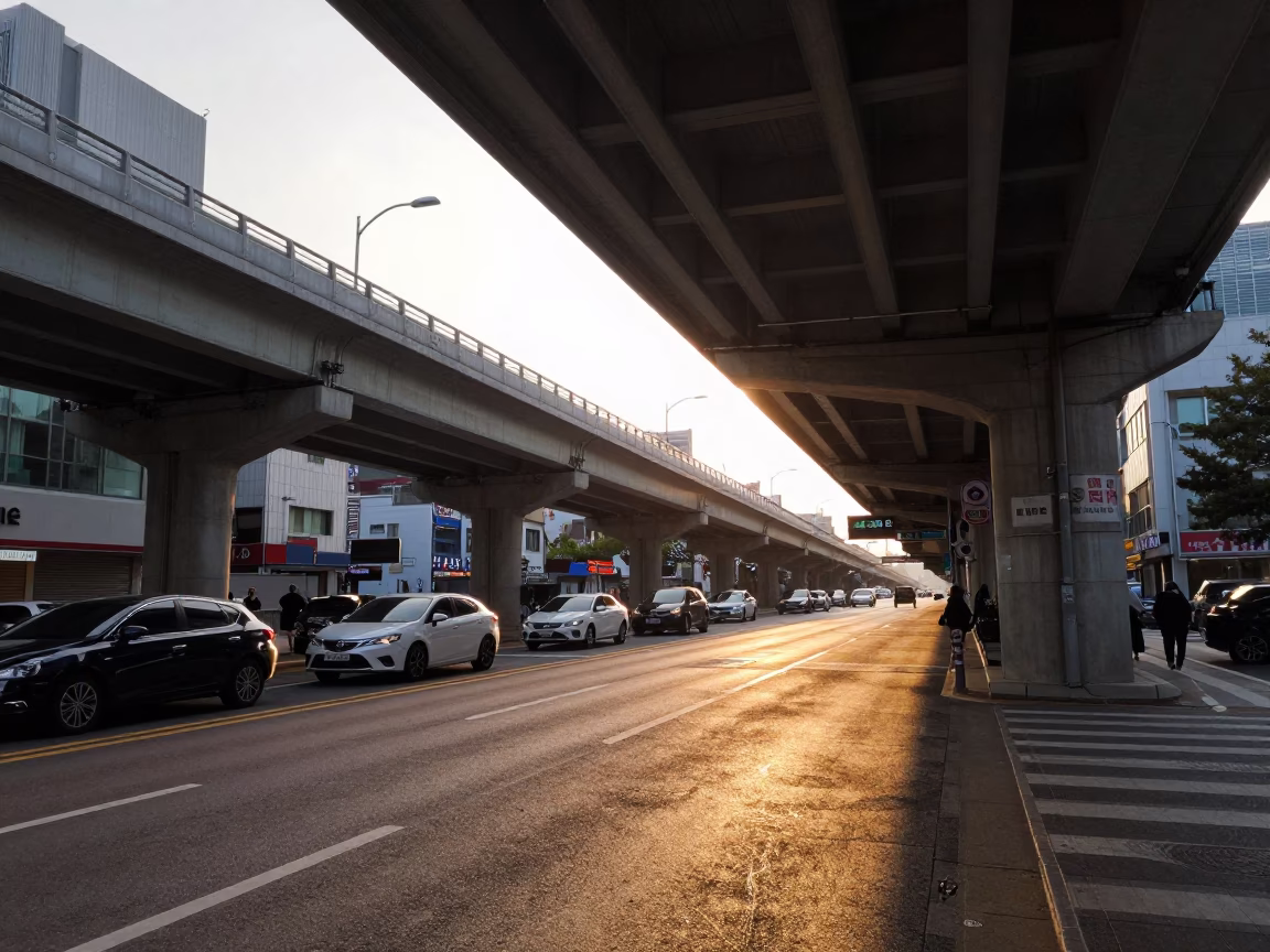Late Afternoon Seoul Street Scene Under Flyover with Striped Shadows from Traffic in in Seoul, South Korea