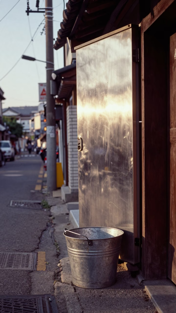 Late Afternoon Seoul Street Scene with Brushed Steel Reflection and Metal Bucket in in Seoul, South Korea