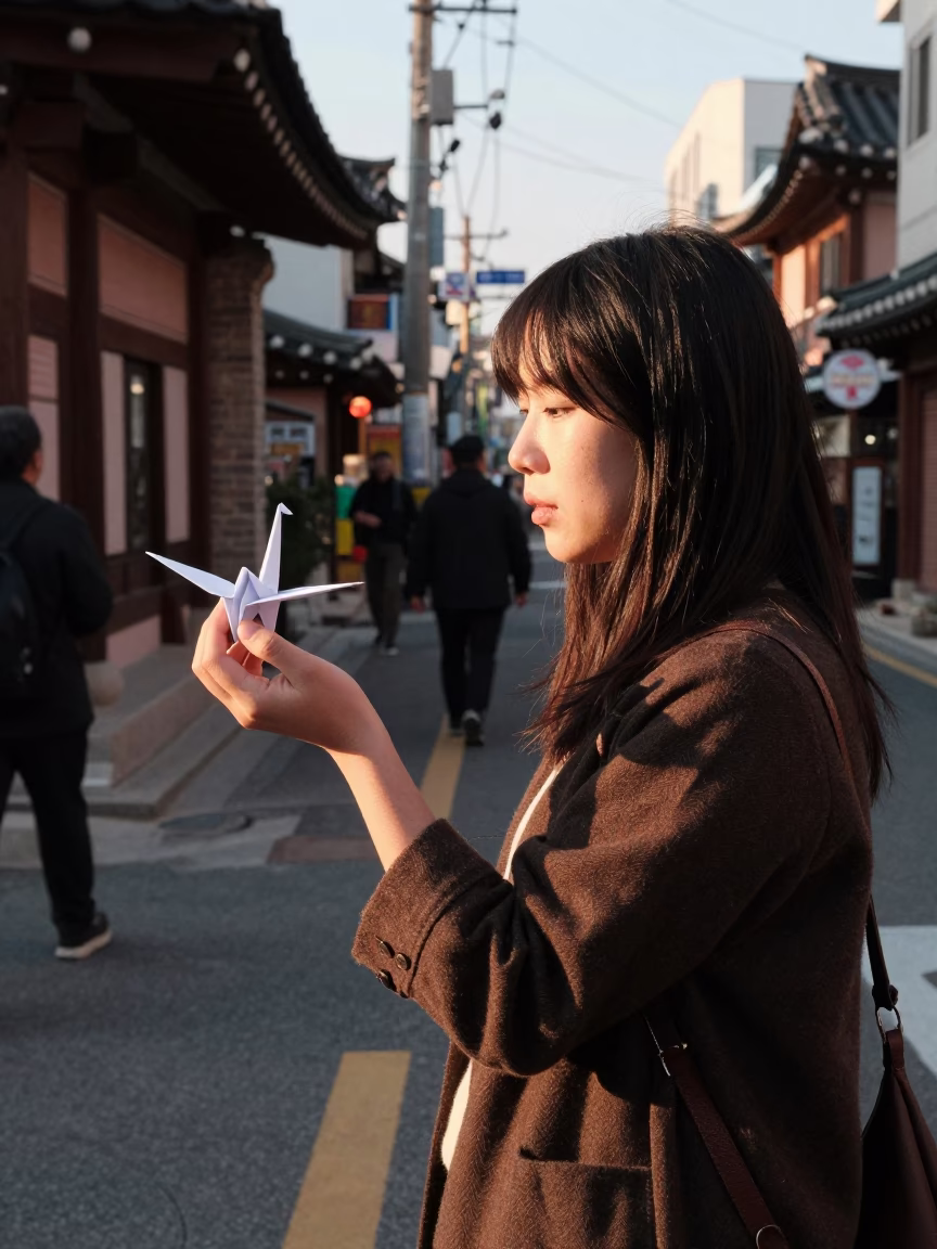 Late Afternoon Seoul Street Scene with Origami Crane and Leaf Shadows in in Seoul, South Korea