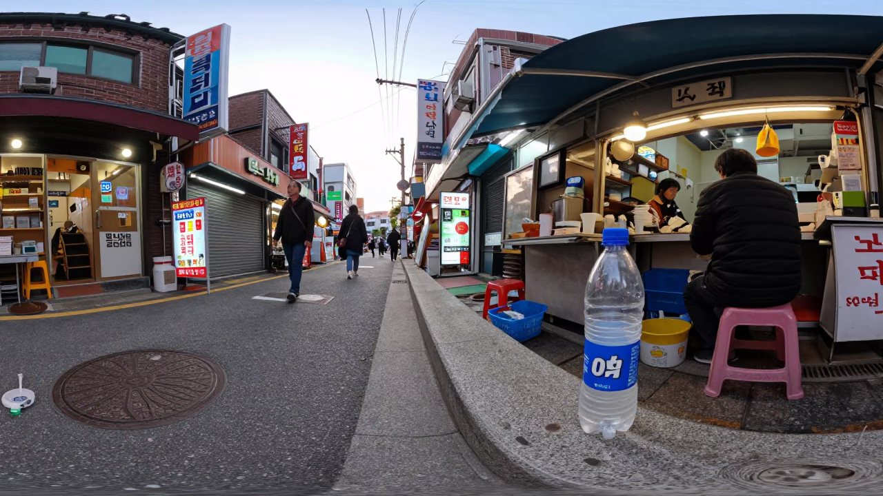 Late Afternoon Seoul Street Scene with Plastic Bottle and Local Market Details in in Seoul, South Korea