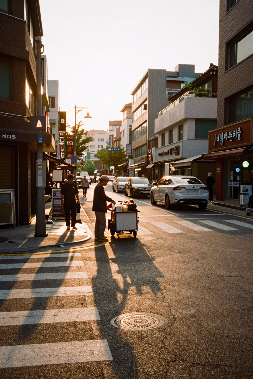 Late Afternoon Seoul Street Scene with Sunlight and Street Food Vendor in in Seoul, South Korea