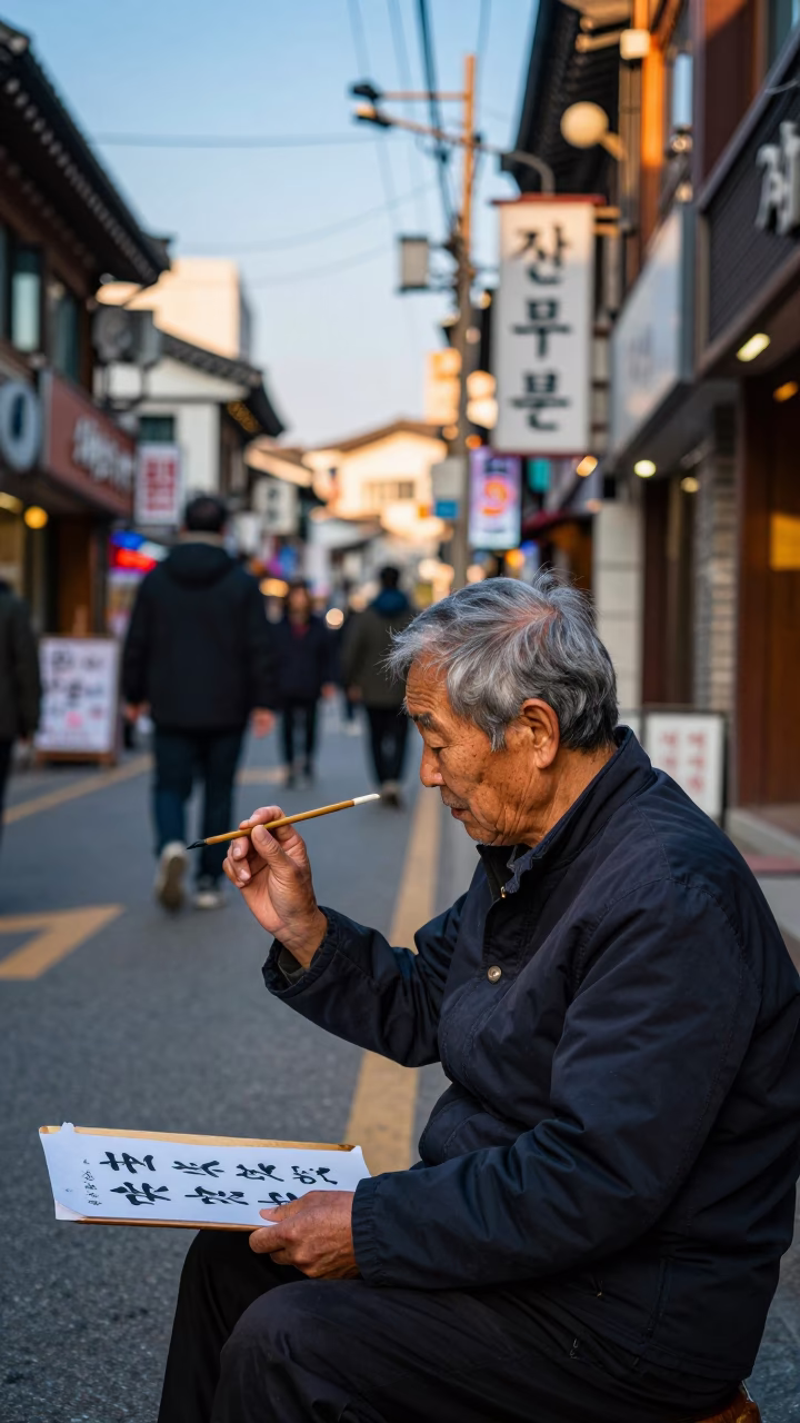 Late Afternoon Seoul Street Scene with Traditional Calligraphy Demonstration and Urban Background in in Seoul, South Korea