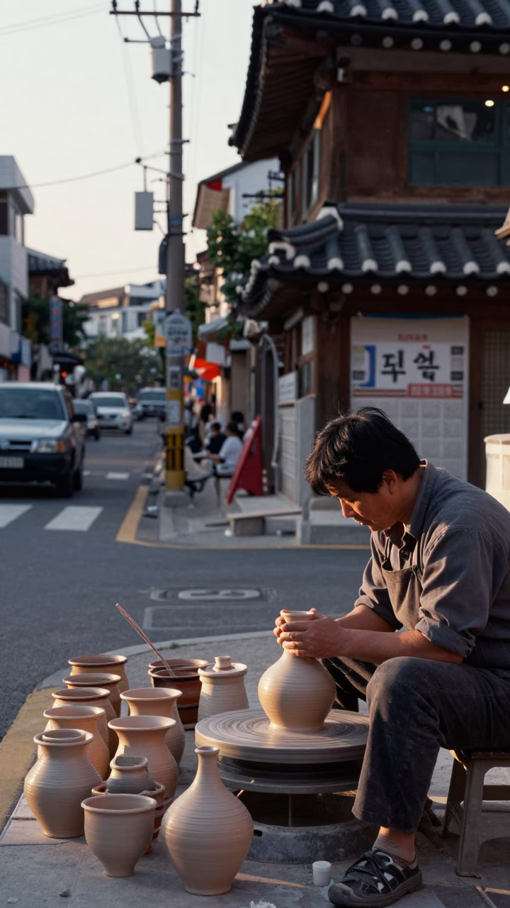 Late Afternoon Seoul Street Scene with Traditional Pottery and Modern Infrastructure in in Seoul, South Korea