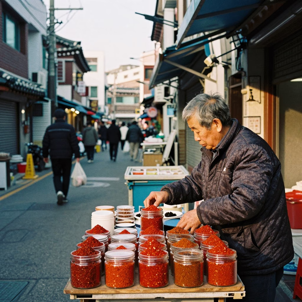 Late Afternoon Seoul Street Scene with Traditional Spices and Local Market Goods in in Seoul, South Korea