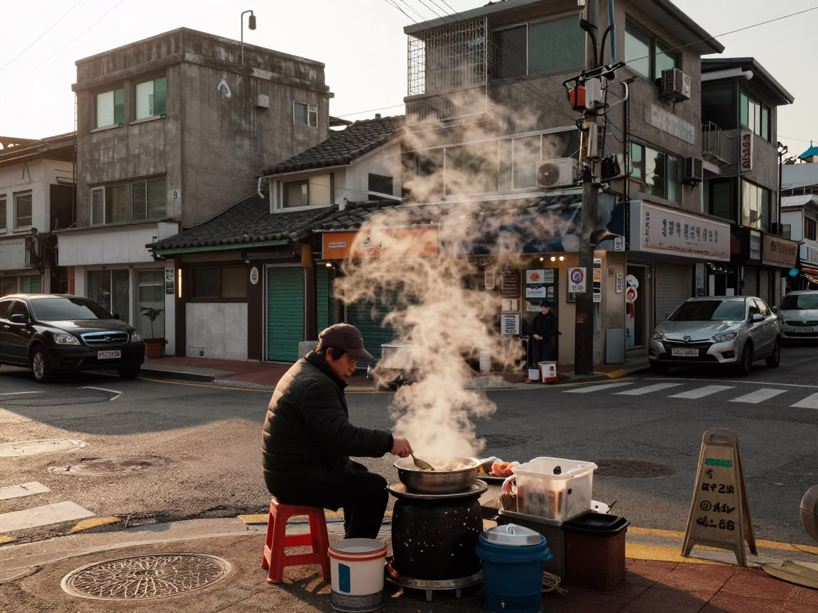 Late Afternoon Seoul Street Scene with Wonton Soup and Twine Lamp Details in in Seoul, South Korea