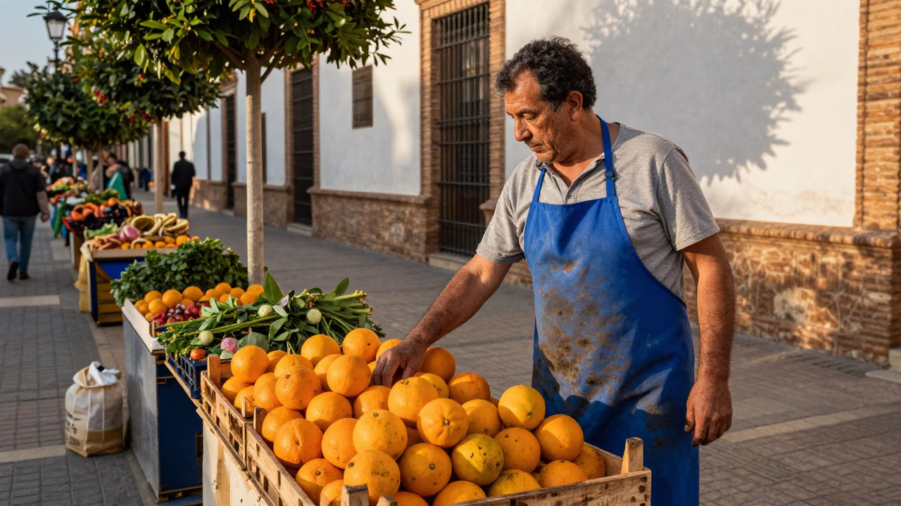 Late Afternoon Seville Street Scene with Aprons and Garden Shears in in Seville, Spain