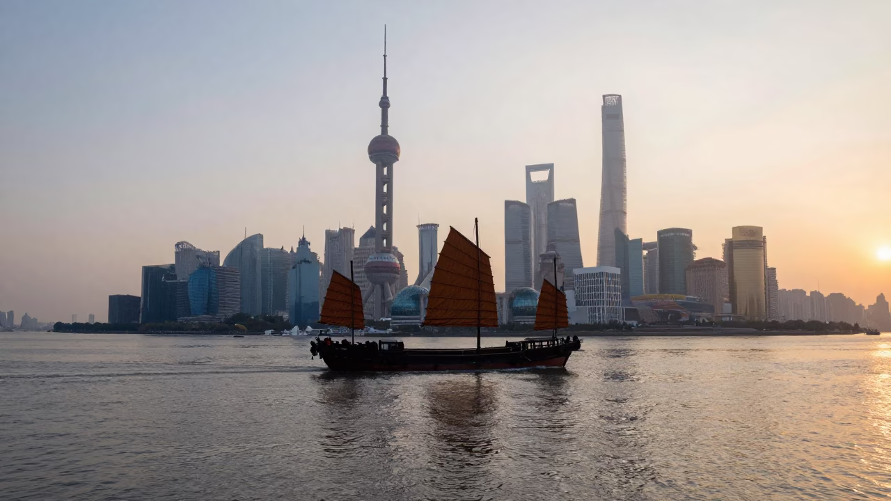 Late Afternoon Shanghai Bund Skyline with Traditional Junk Boat on Huangpu River in in Shanghai, China