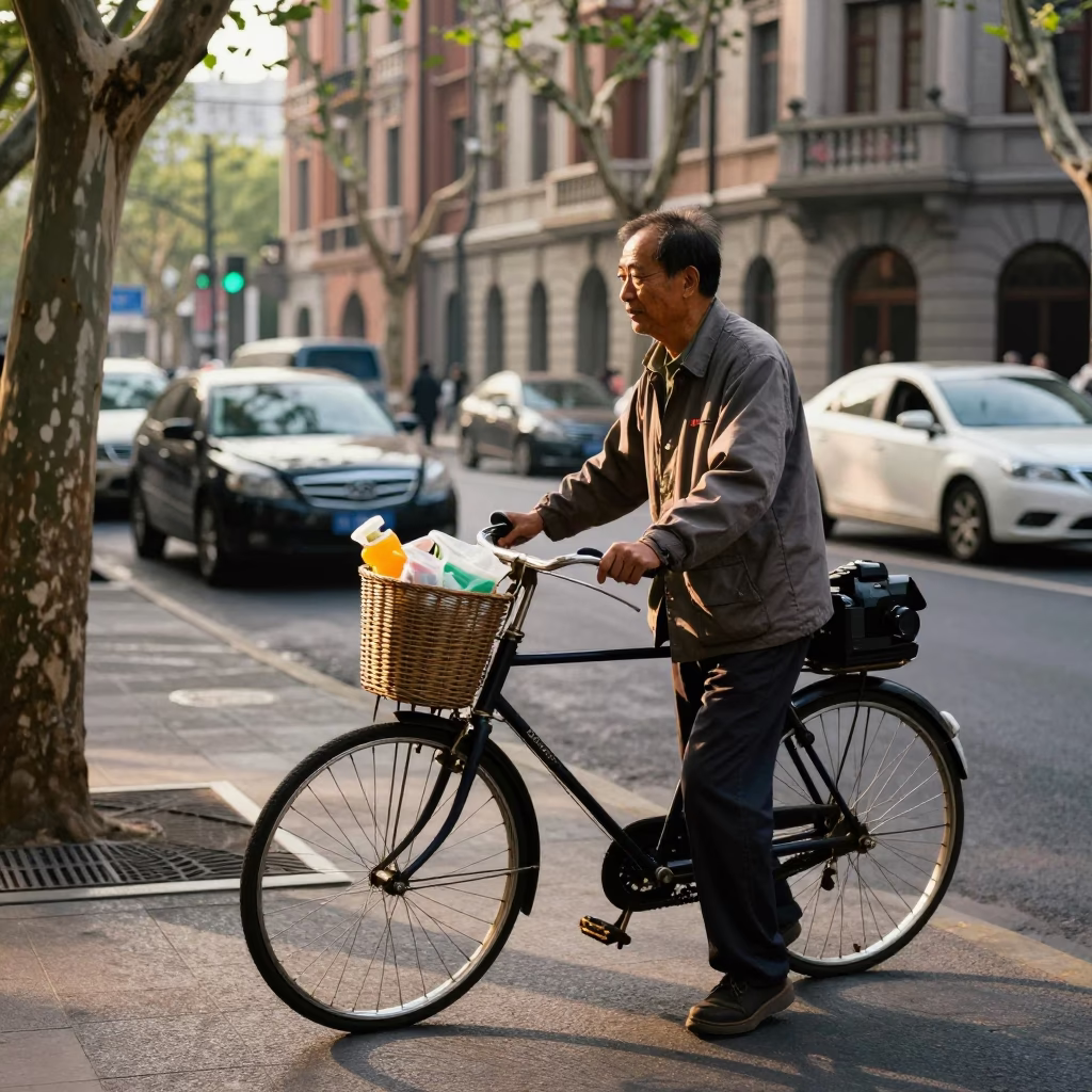 Late Afternoon Shanghai Street Scene with Bicycle Basket and Urban Architecture in in Shanghai, China