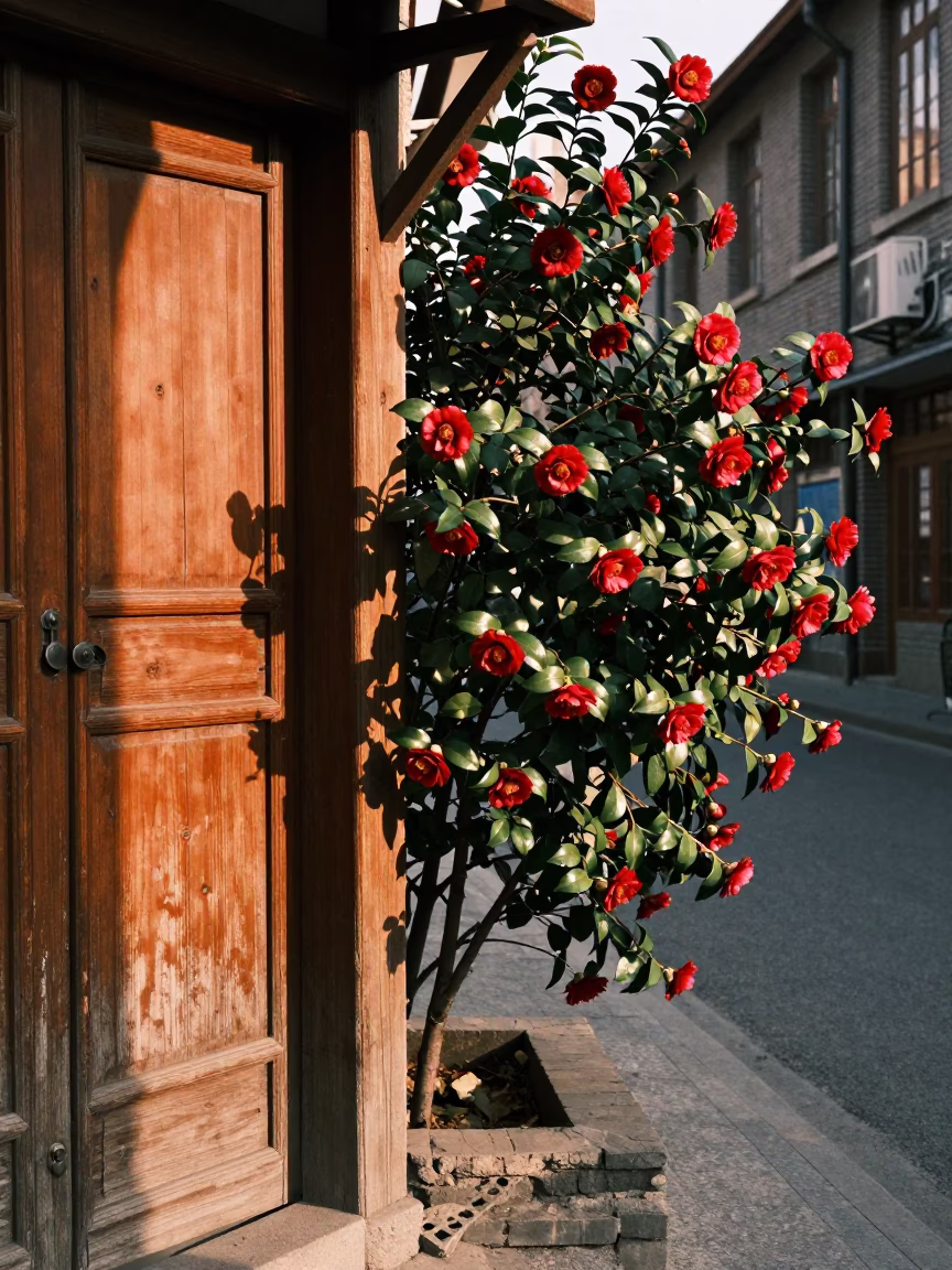 Late Afternoon Shanghai Street Scene with Camellia Shrub and Traditional Latch Details in in Shanghai, China