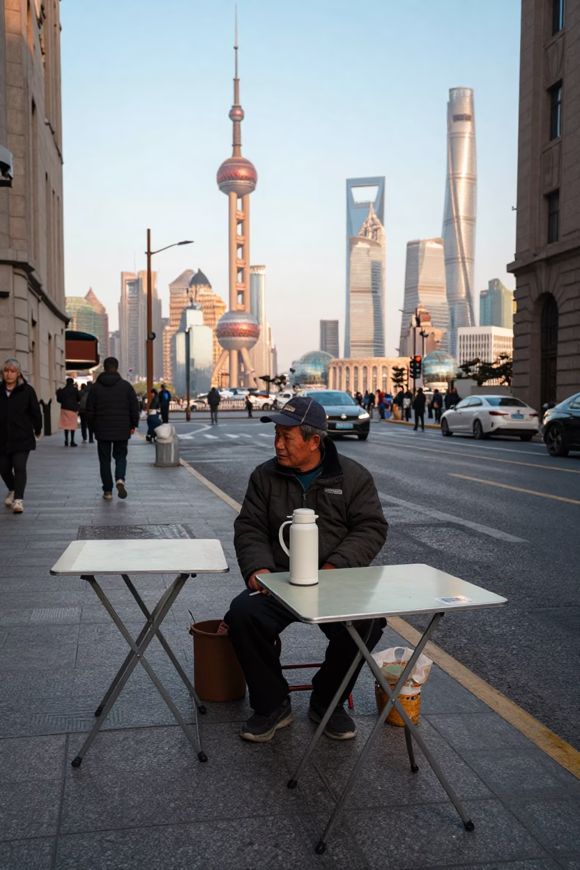 Late Afternoon Shanghai Street Scene with Folding Tables and Thermos in in Shanghai, China