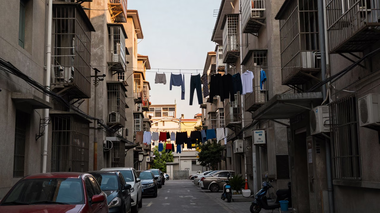 Late Afternoon Shanghai Street Scene with Hanging Laundry and Urban Architecture in in Shanghai, China