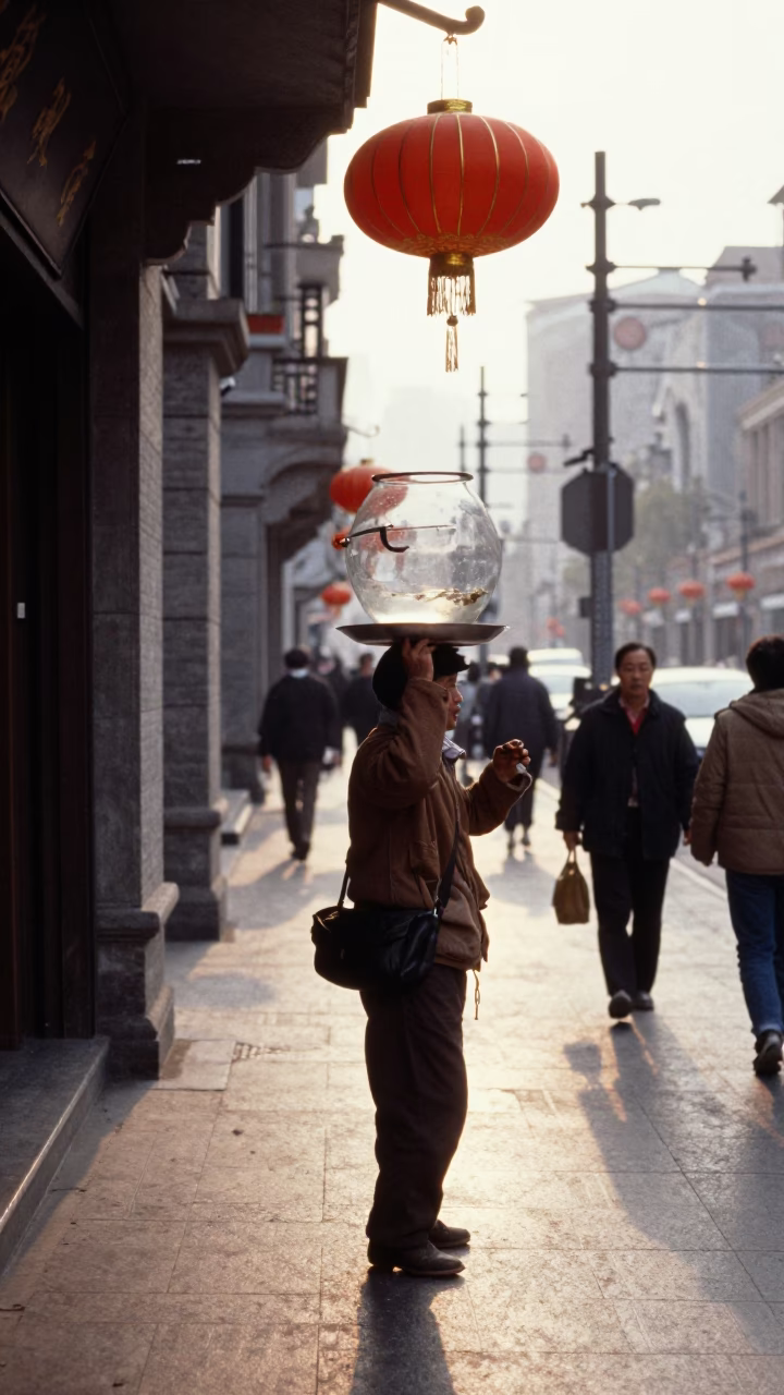 Late Afternoon Shanghai Street Scene with Lanterns and Glass Cup in Urban China in in Shanghai, China