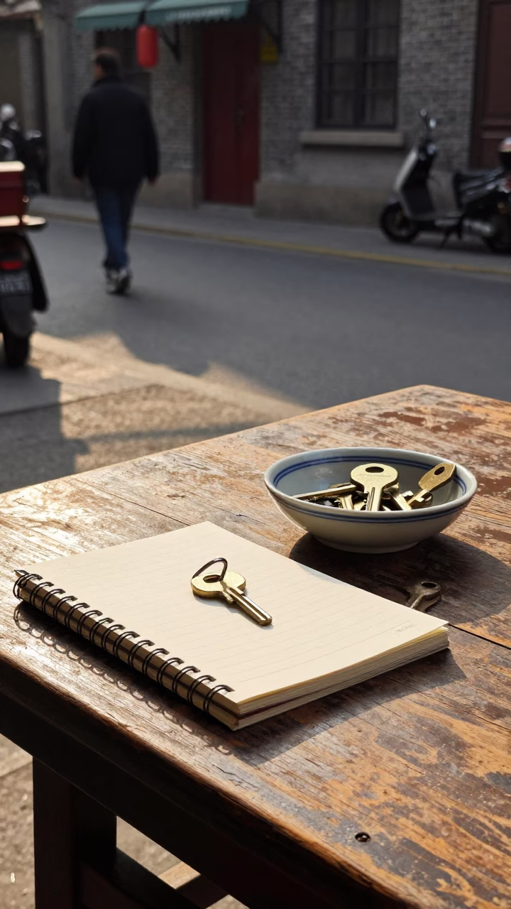 Late Afternoon Shanghai Street Scene with Notebook and Key Bowl on Wooden Table in in Shanghai, China