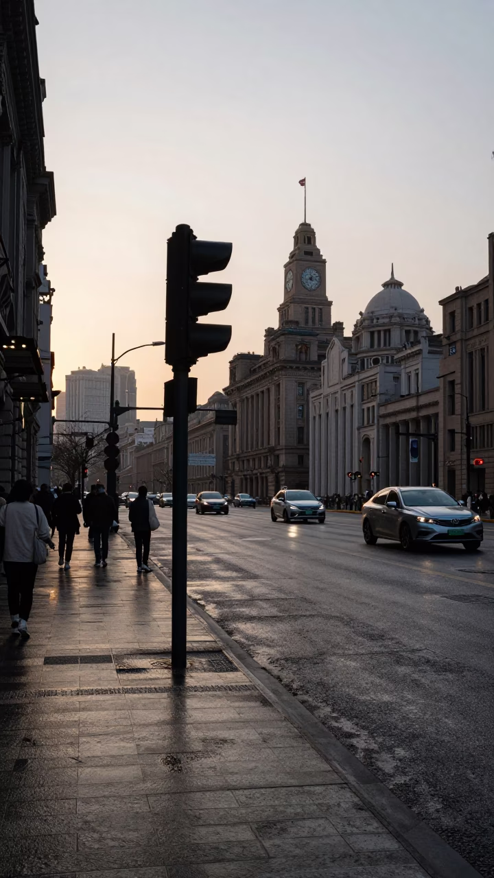 Late Afternoon Shanghai Street Scene with Signal Gantry and Misty Rail Lines in in Shanghai, China