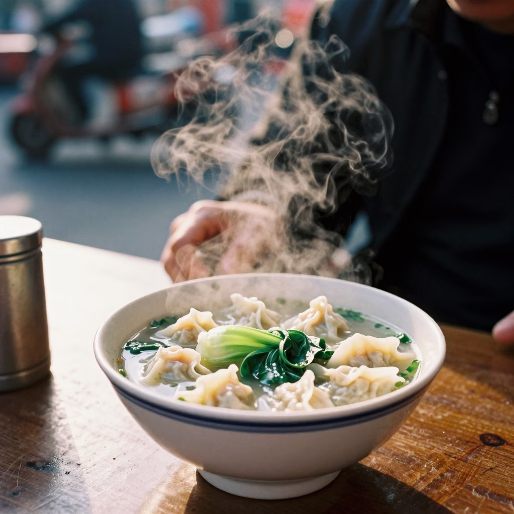 Late Afternoon Shanghai Street Scene with Steaming Wonton Soup and Urban Life in in Shanghai, China