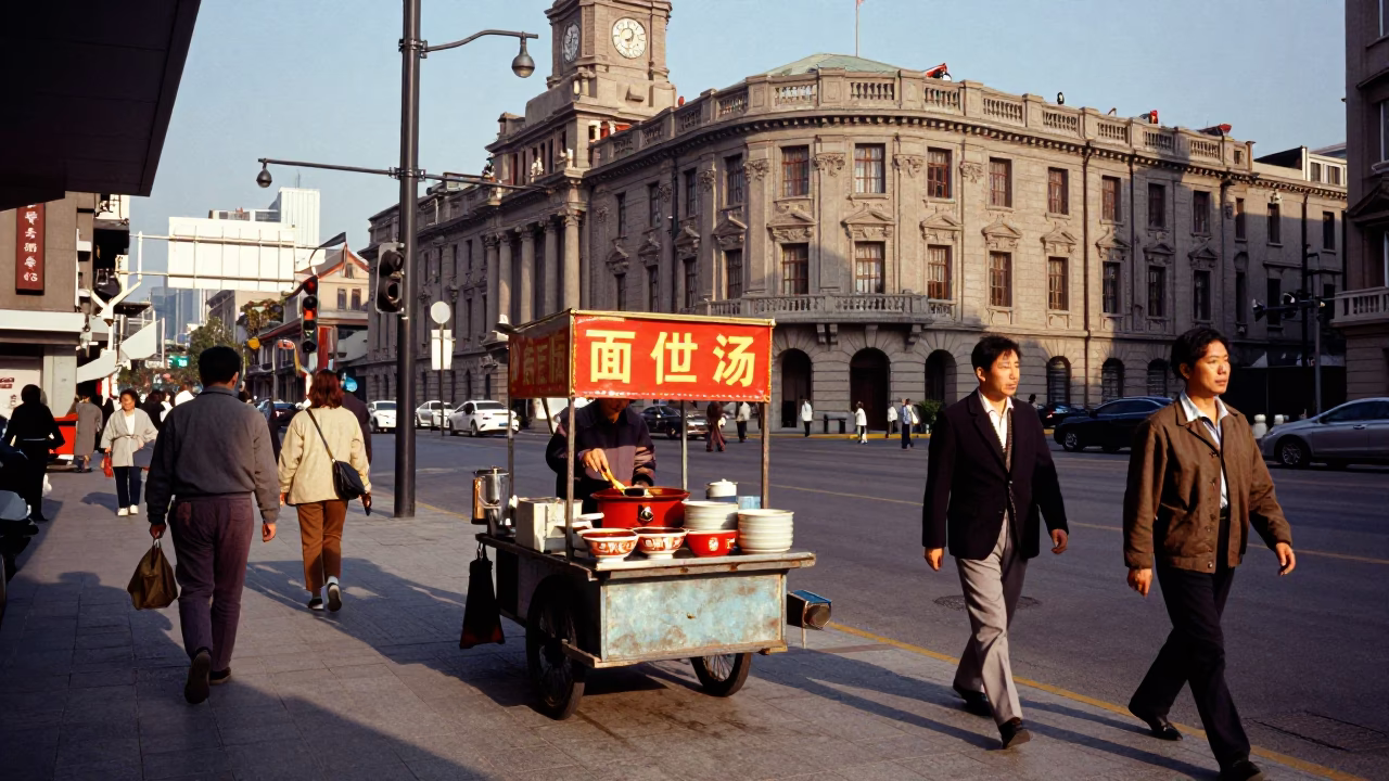 Late Afternoon Shanghai Street Scene with Tantanmen Noodle Bowl and Urban Life in in Shanghai, China