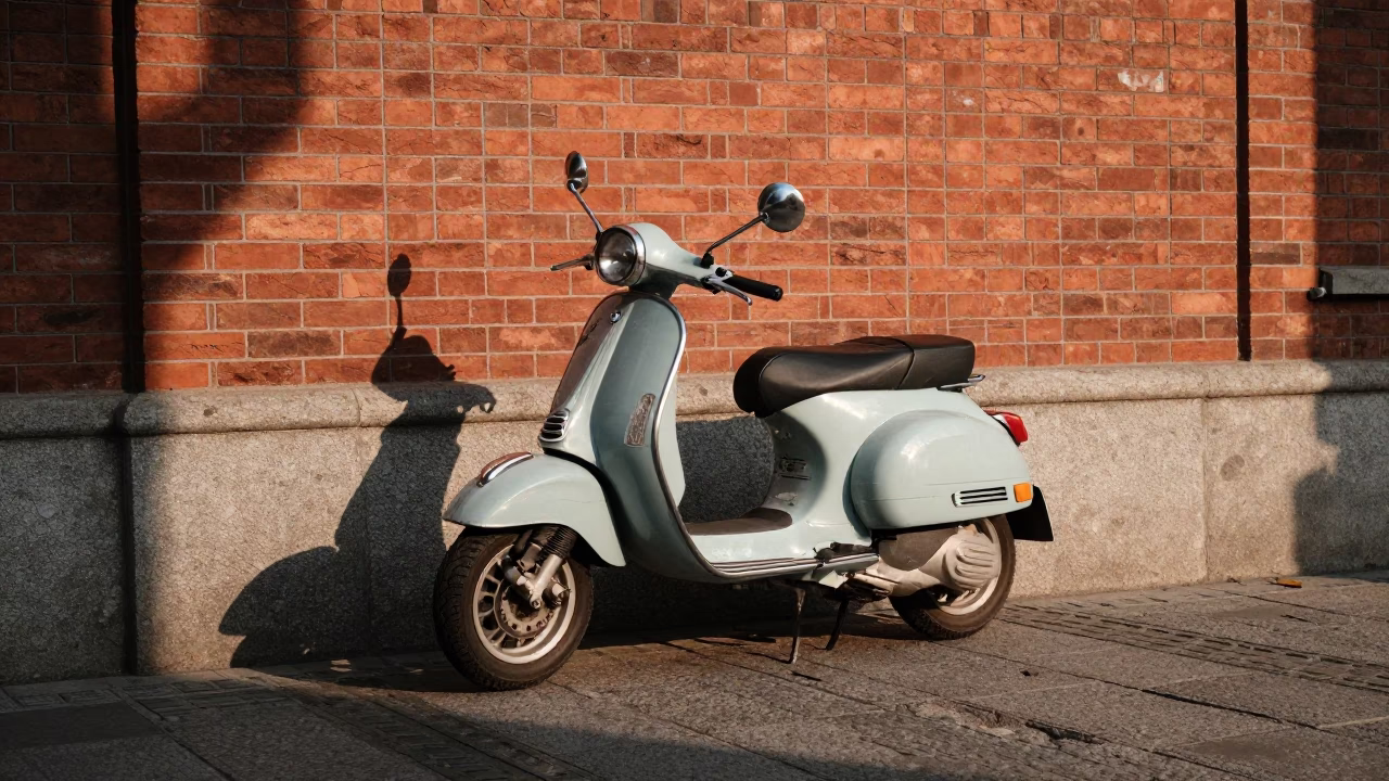 Late Afternoon Shanghai Street Scene with Vintage Vespa on Cobblestone Lane in in Shanghai, China