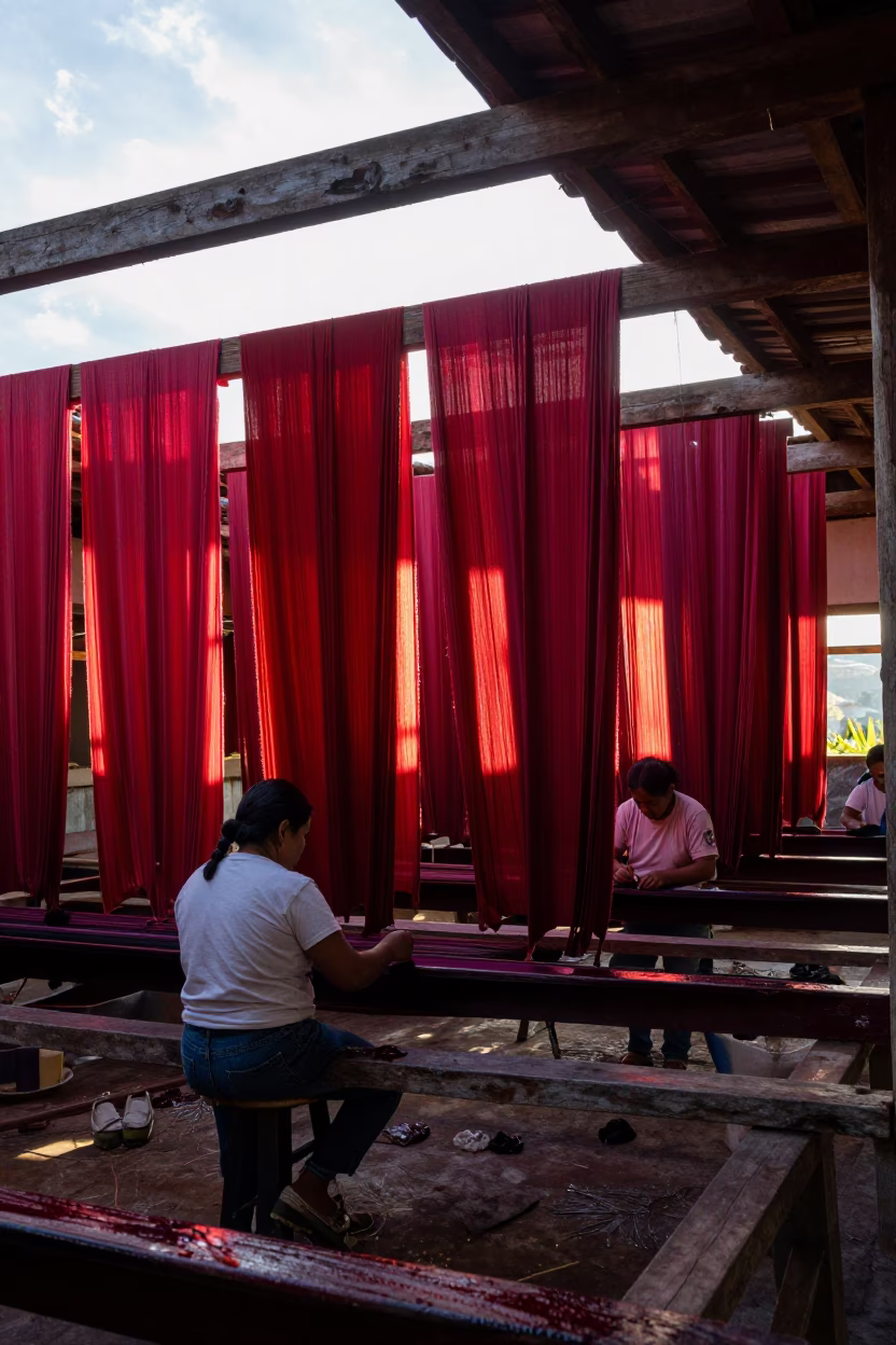 Late Afternoon Silk Dyeing Workshop in Medellin Colombia with Hanging Fabrics and Sunlight in in Medellin, Colombia