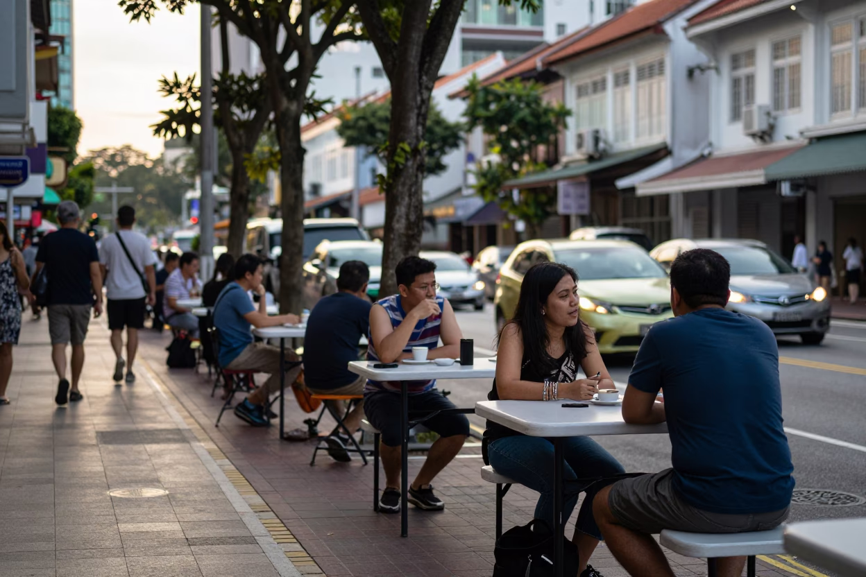 Late Afternoon Singapore Street Scene with Folding Tables and Blue Enamel in in Singapore, Singapore