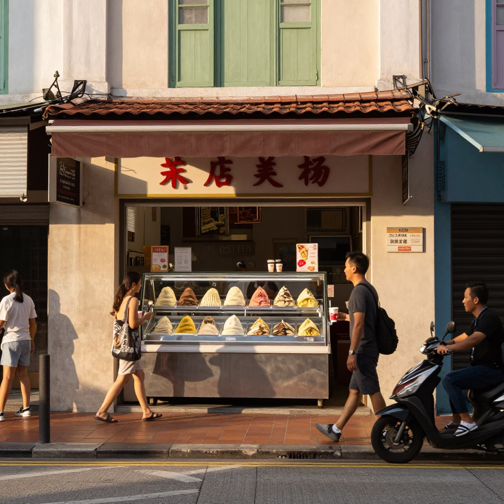 Late Afternoon Singapore Street Scene with Gelato Display and Urban Life in in Singapore, Singapore