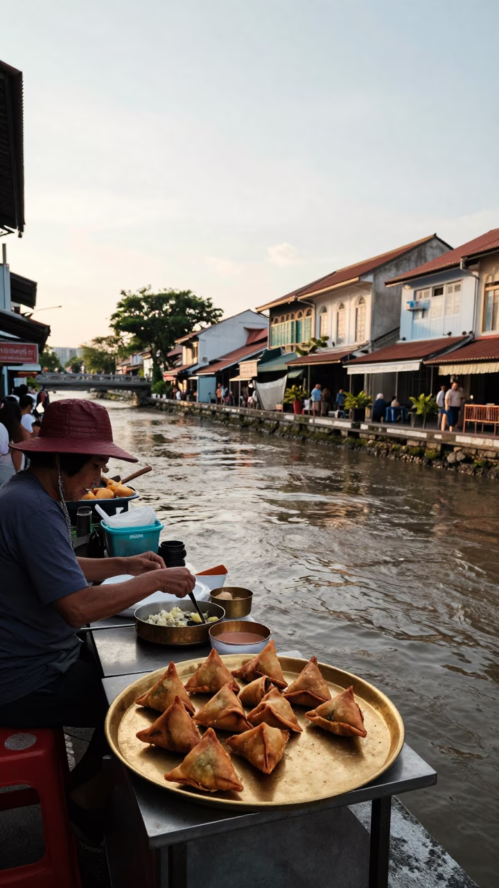Late Afternoon Singapore Street Scene with Traditional Snacks and Canal in in Singapore, Singapore