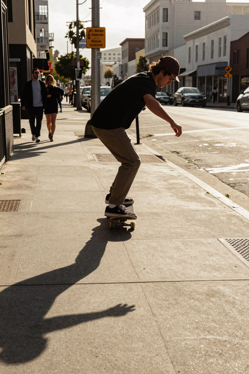 Late Afternoon Skateboarder in San Francisco Urban Street Scene in in San Francisco, California, United States