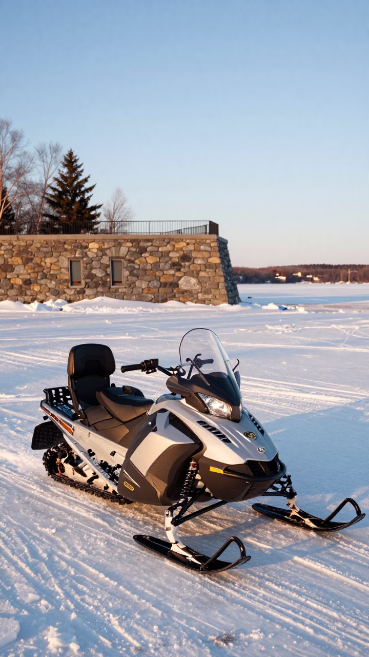 Late Afternoon Snowmobile Rest at Frozen St Lawrence River Overlook in Quebec City in in Quebec City, Quebec, Canada