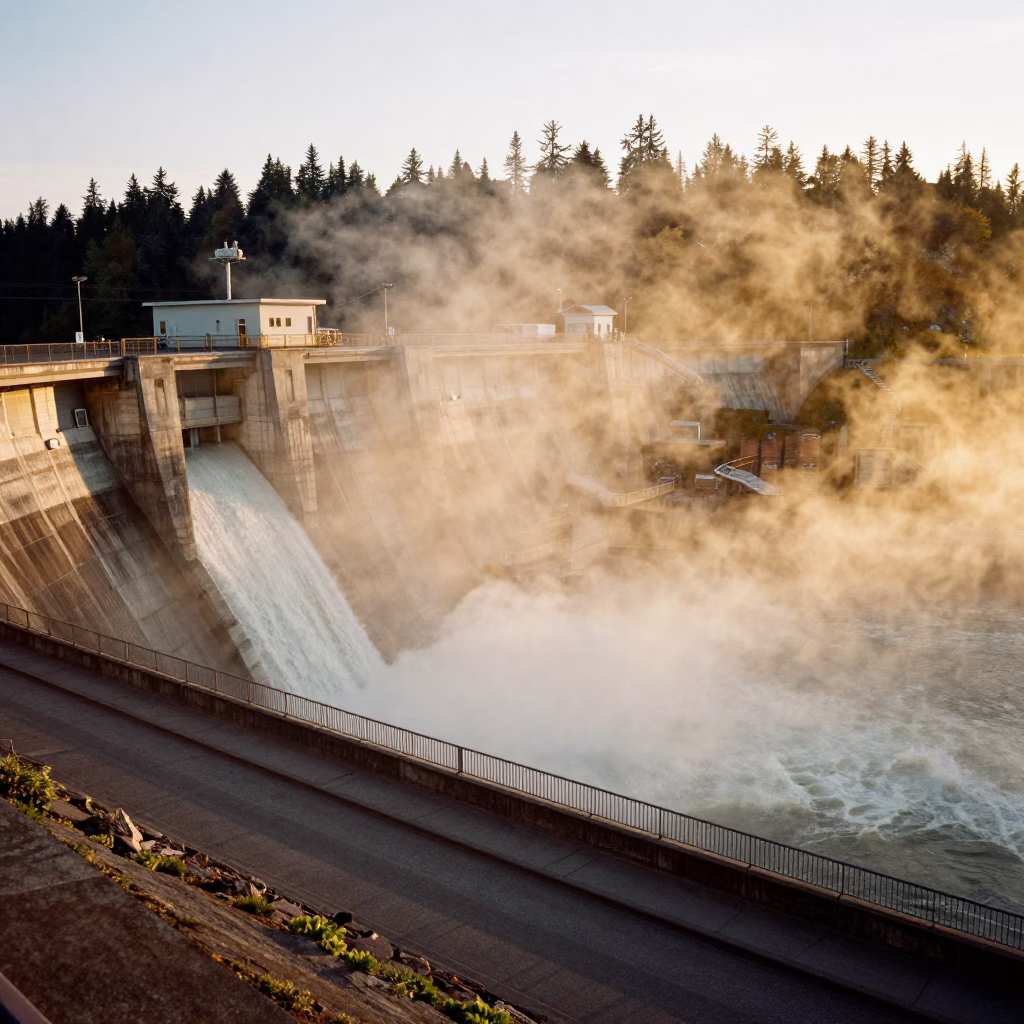 Late Afternoon Spillway Mist and Golden Light at Vancouver Dam in in Vancouver, British Columbia, Canada
