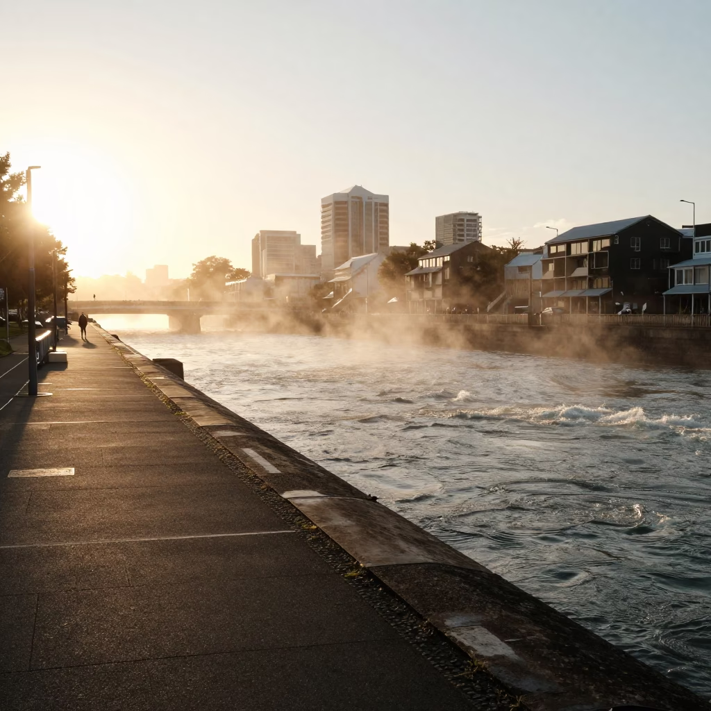 Late Afternoon Spillway Walkway in Christchurch New Zealand with Mist and Golden Light in in Christchurch, New Zealand
