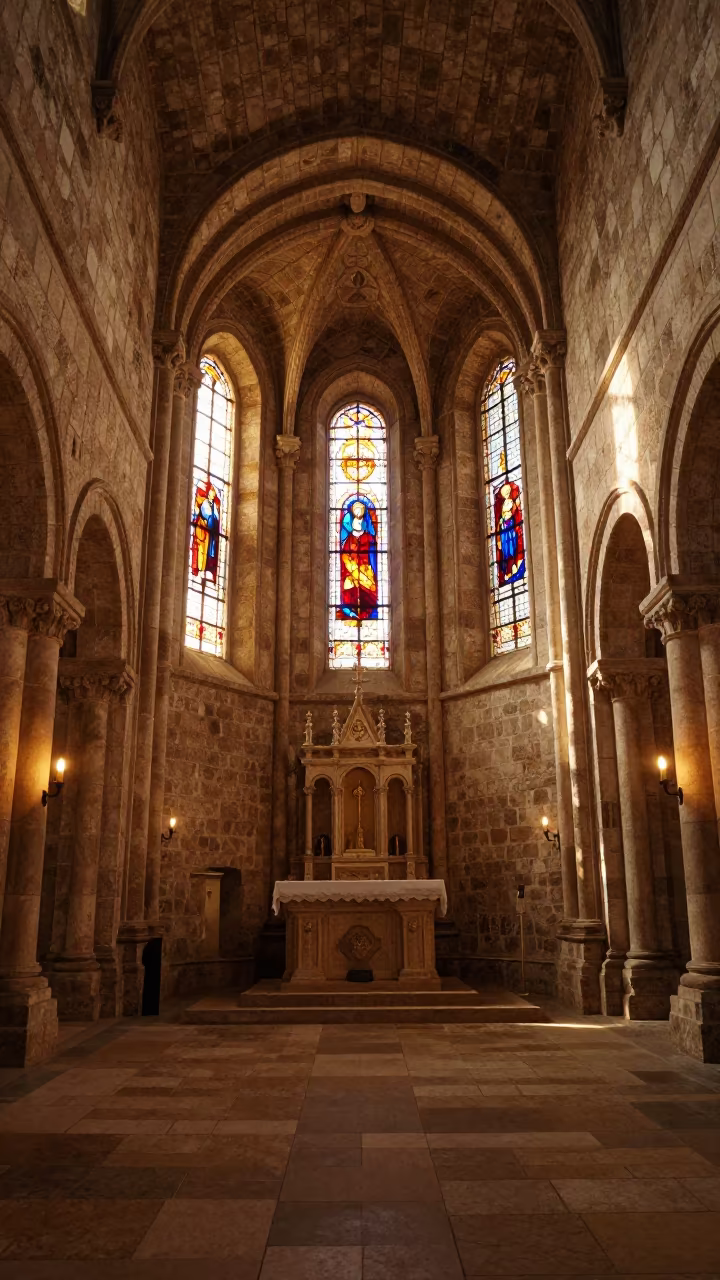Late Afternoon Stained Light in Romanesque Abbey in inside a stone chapel in Aba