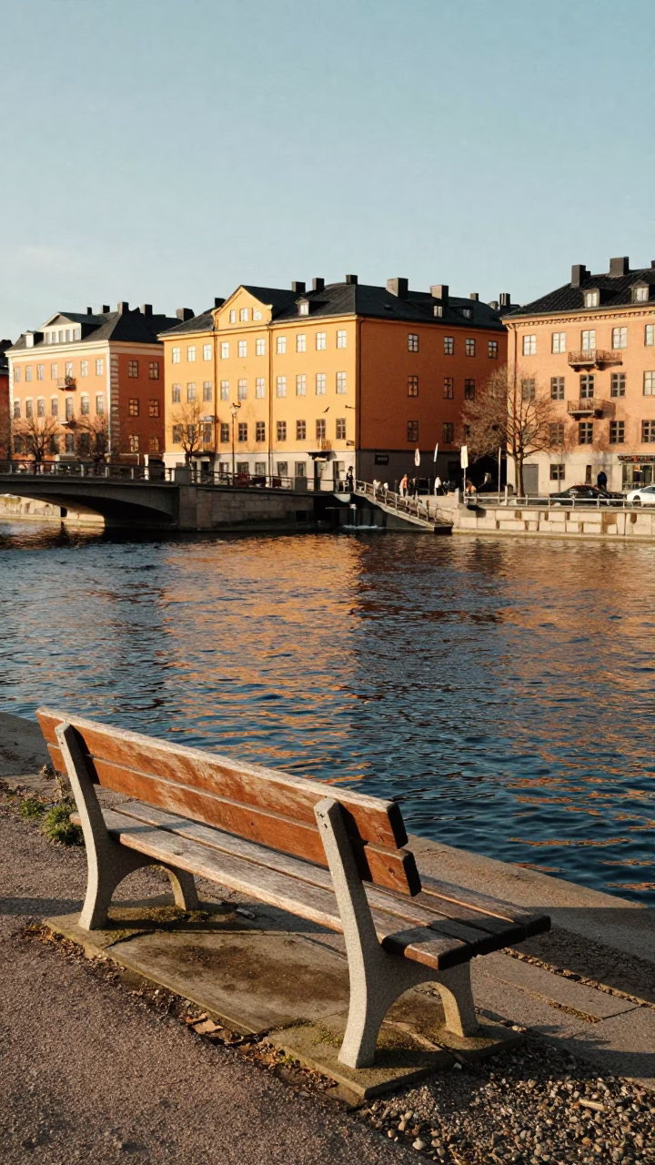 Late Afternoon Stockholm Canal Scene with Park Bench and Brass Hardware Details in in Stockholm, Sweden