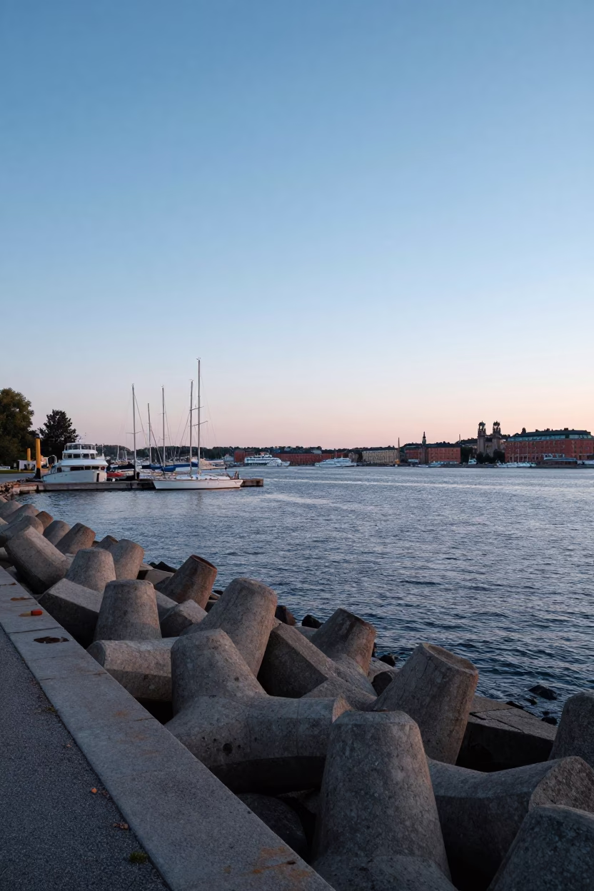 Late Afternoon Stockholm Harbor Scene with Blue Hour Sky and Breakwater View in in Stockholm, Sweden
