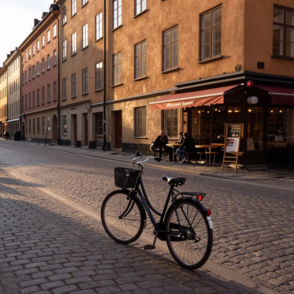 Late Afternoon Stockholm Street Scene with Bicycle and Cafe Atmosphere in in Stockholm, Sweden