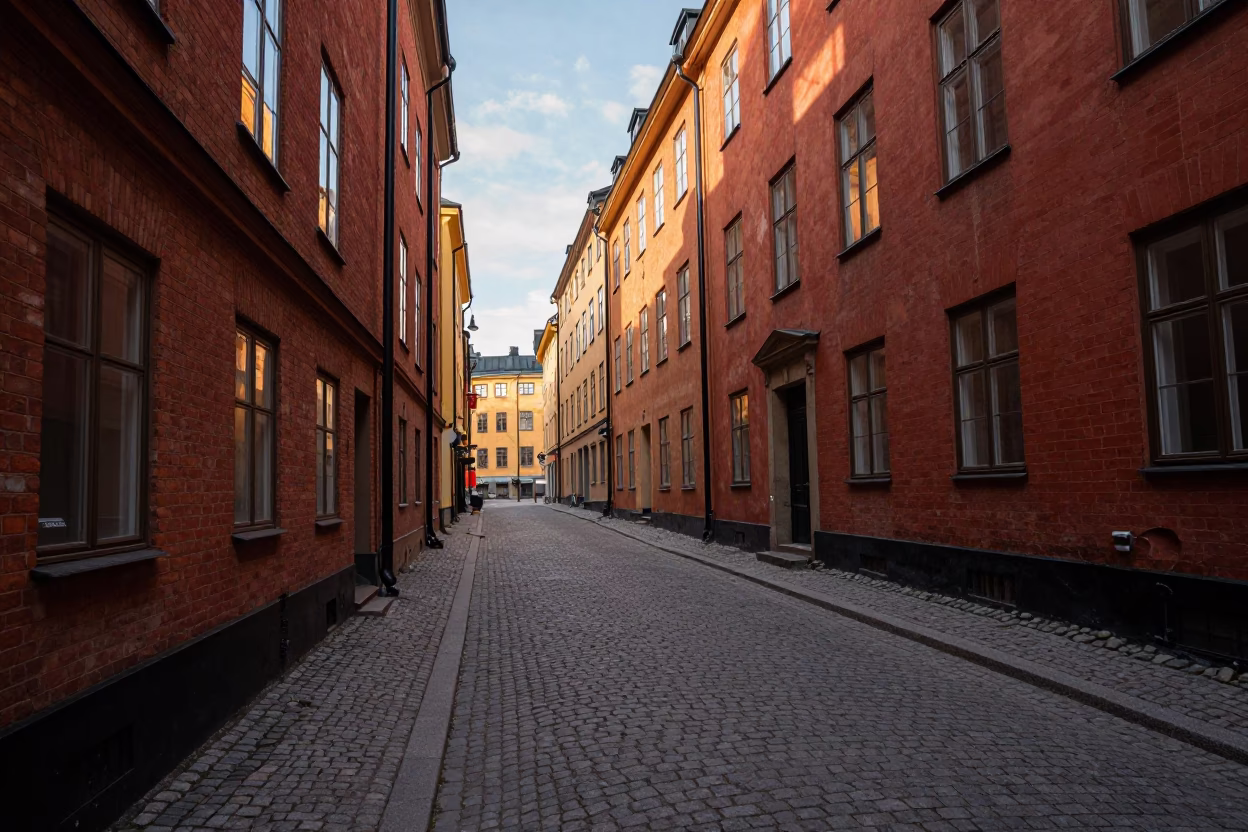 Late Afternoon Stockholm Street Scene with Brick Facades and Urban Details in in Stockholm, Sweden