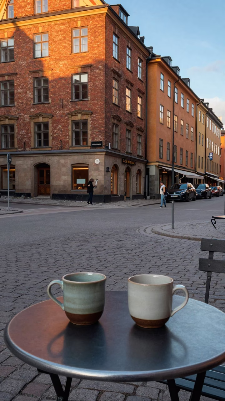 Late Afternoon Stockholm Street Scene with Ceramic Mugs and Urban Architecture in in Stockholm, Sweden