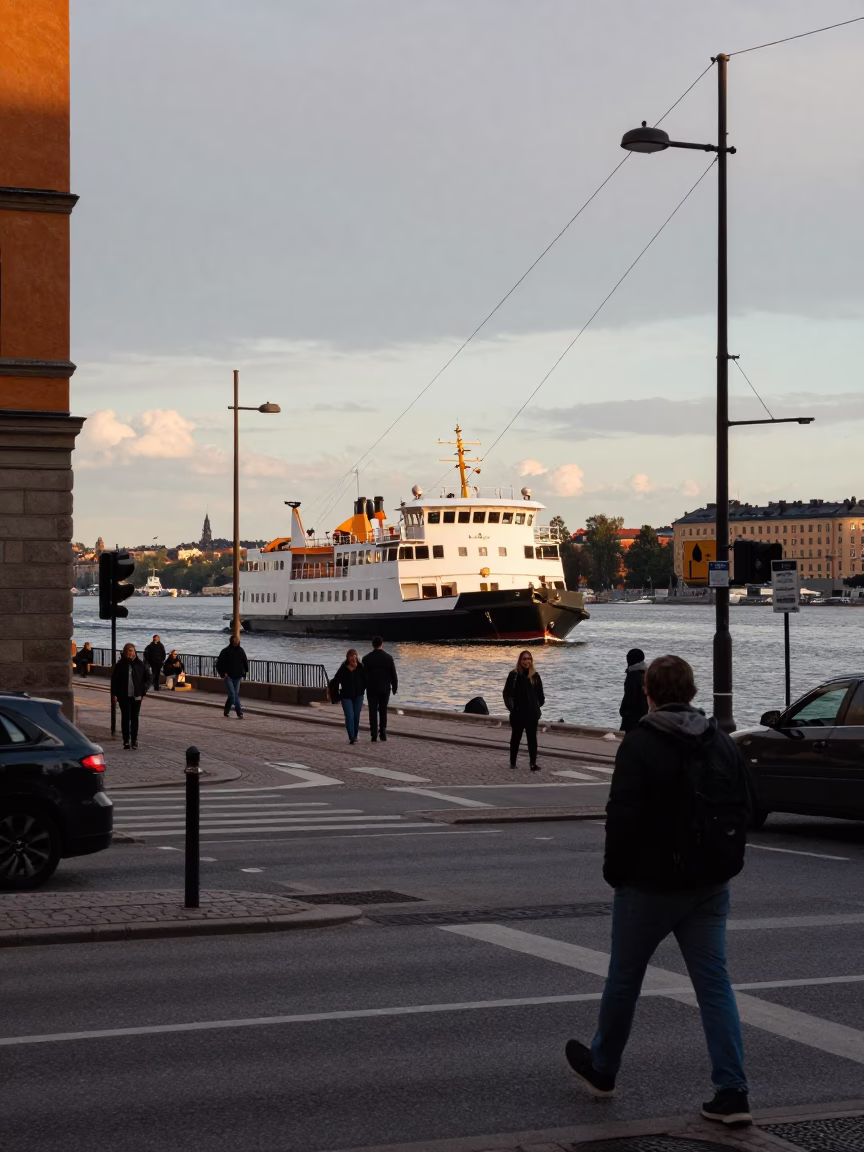 Late Afternoon Stockholm Street Scene with Chain Ferry and Ceramic Plate in in Stockholm, Sweden