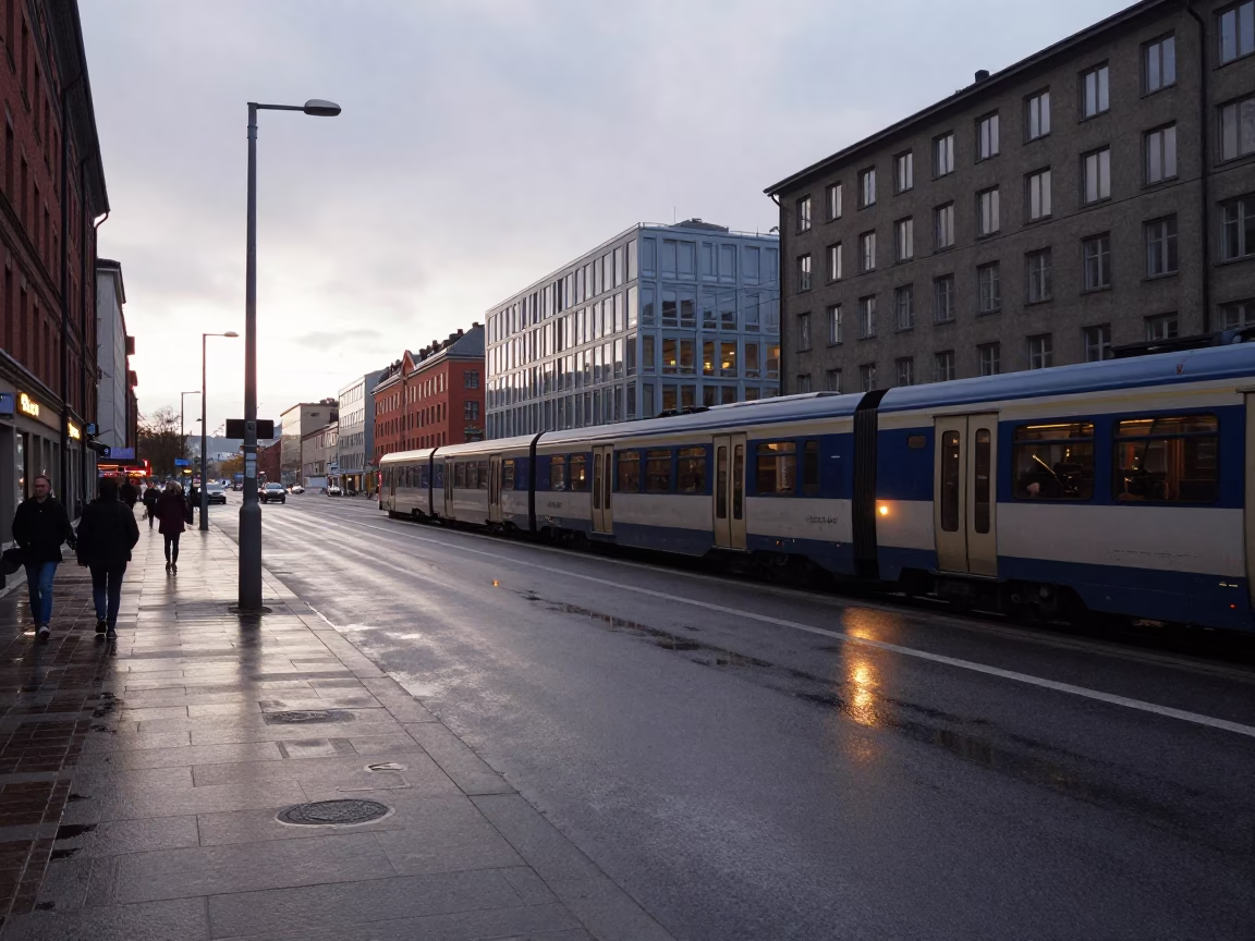 Late Afternoon Stockholm Street Scene with Commuter Train and Urban Life in in Stockholm, Sweden
