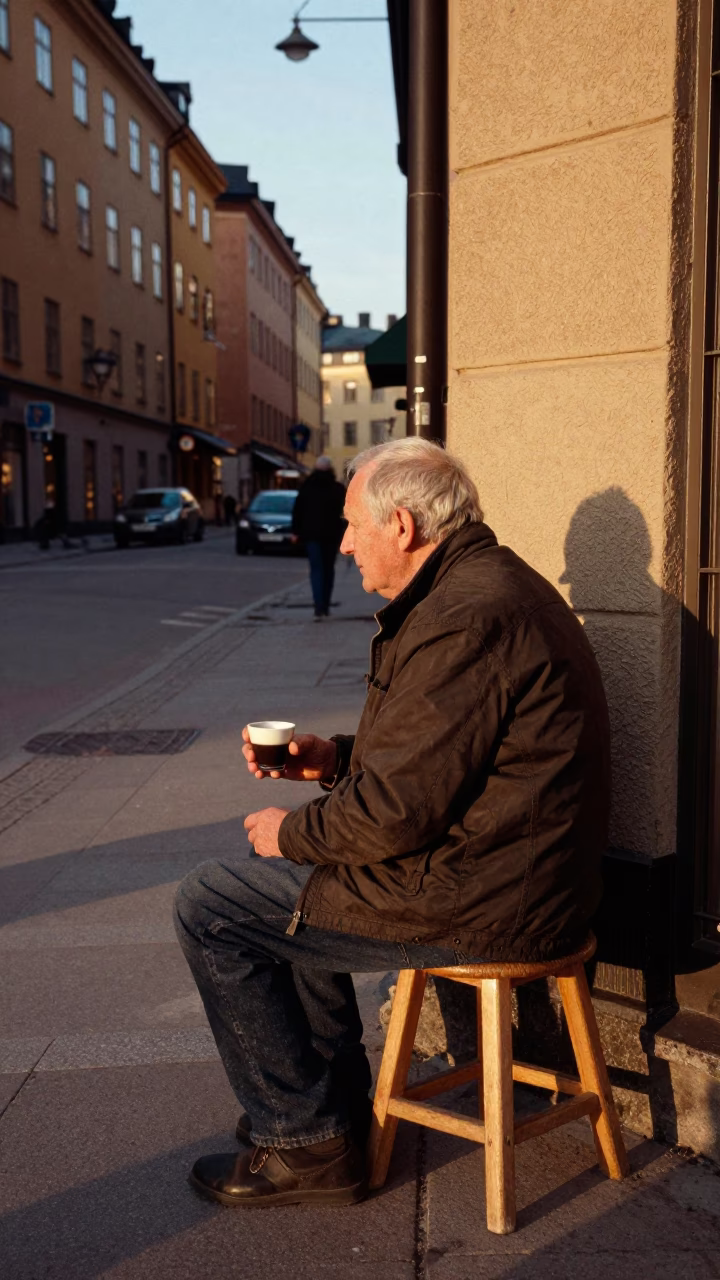 Late Afternoon Stockholm Street Scene with Espresso Cup and Plaster Wall Details in in Stockholm, Sweden