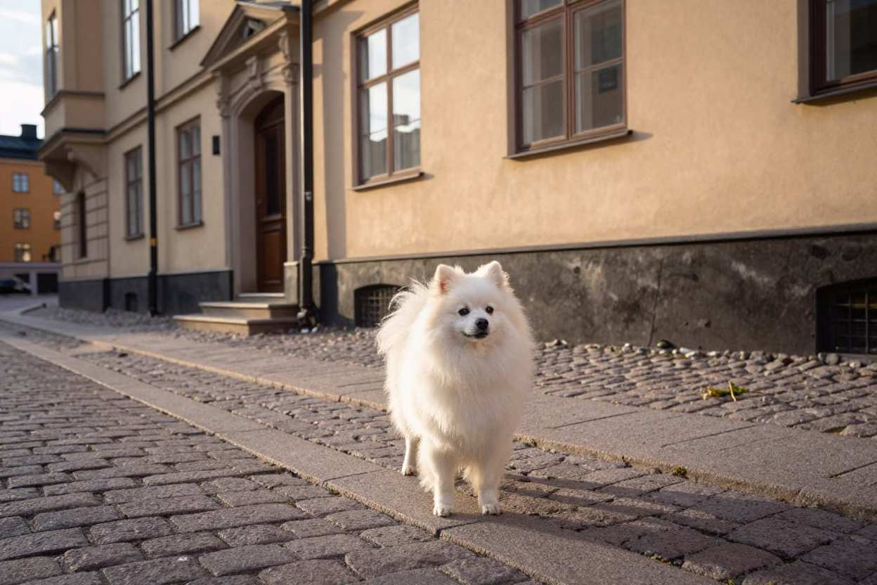 Late Afternoon Stockholm Street Scene with German Spitz Dog and Classic Architecture in in Stockholm, Sweden