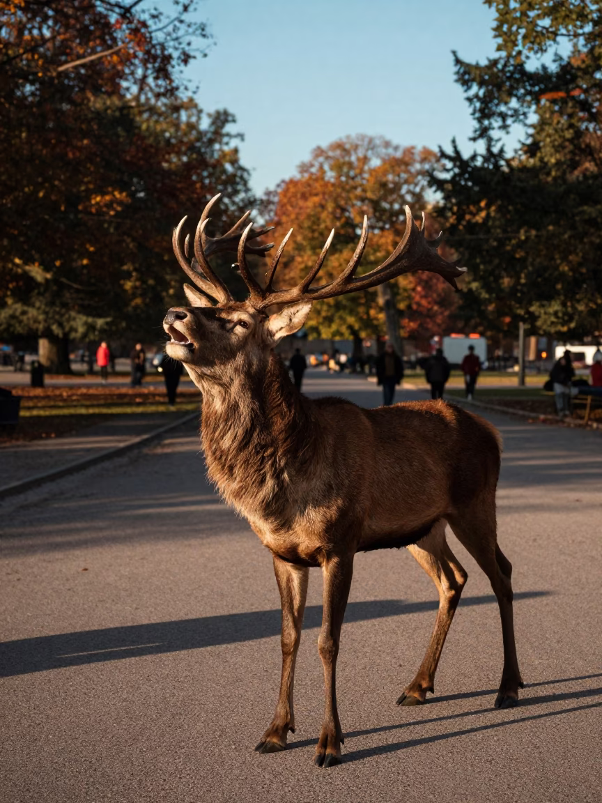 Late Afternoon Stockholm Street Scene with Red Deer Stag in Urban Park Setting in in Stockholm, Sweden