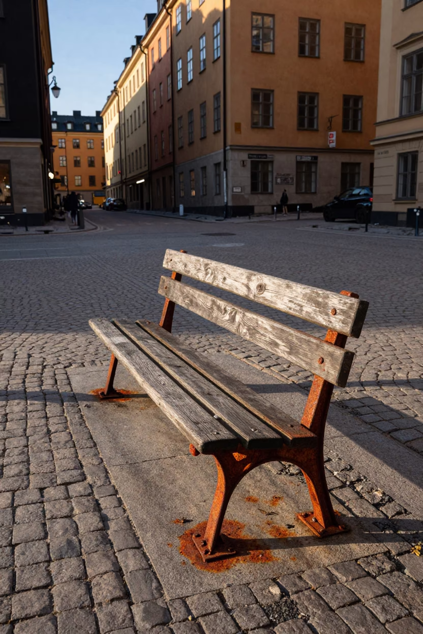 Late Afternoon Stockholm Street Scene with Rusty Bench and Tram Passing Near Waterfront in in Stockholm, Sweden