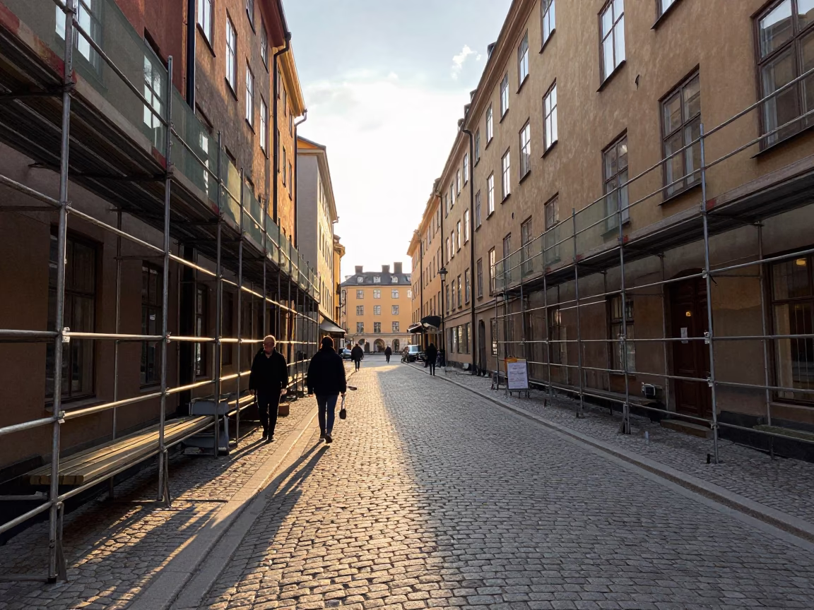 Late Afternoon Stockholm Street Scene with Scaffold Joints and Geometric Sky in in Stockholm, Sweden